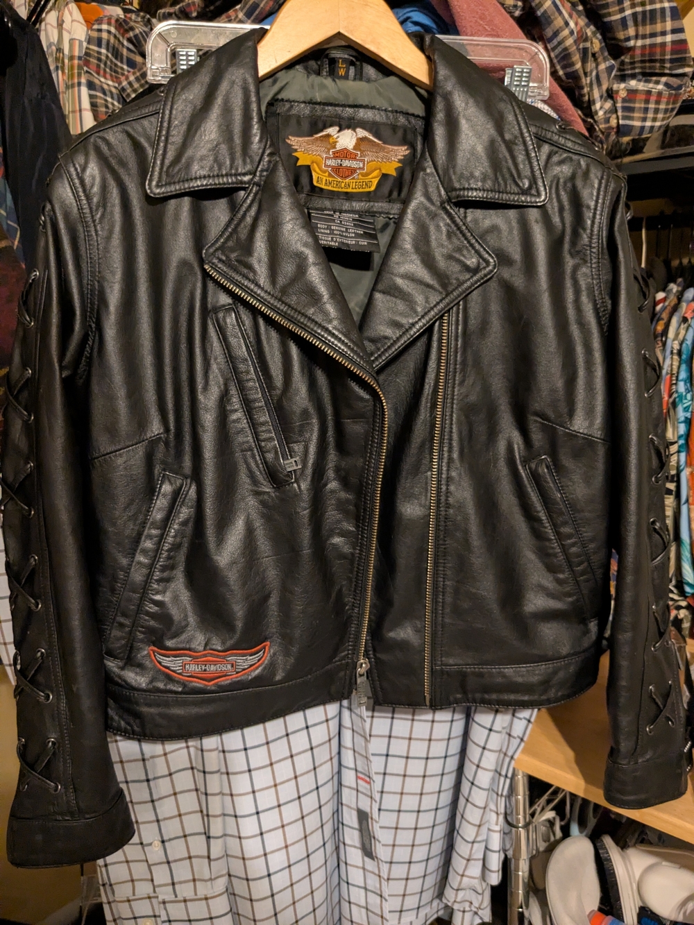 Women's Large Harley-Davidson Black Leather Lace-Up Sleeve Motorcycle Jacket